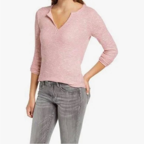 Socialite Long Sleeve Thermal Waffle Henley Top Blush Pink Small - Picture 1 of 4